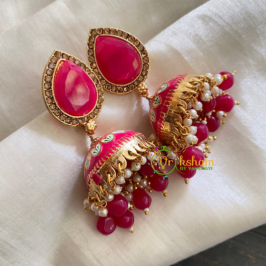 Hot Pink Meenakari Jhumkas-Hand painted-Thilak Stud-G3730