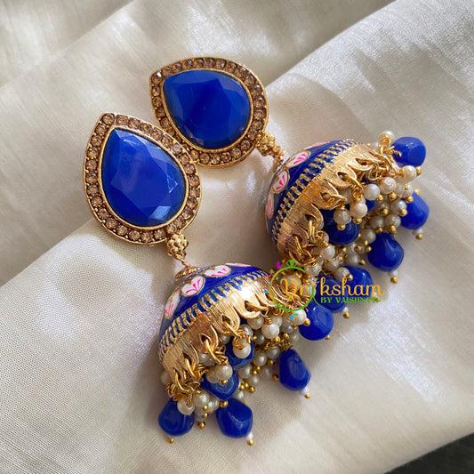 Blue Meenakari Jhumkas-Hand painted-Thilak Stud-G3714