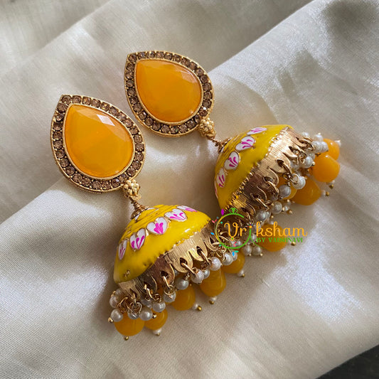 Yellow Meenakari Jhumkas-Hand painted-Thilak Stud-G3711