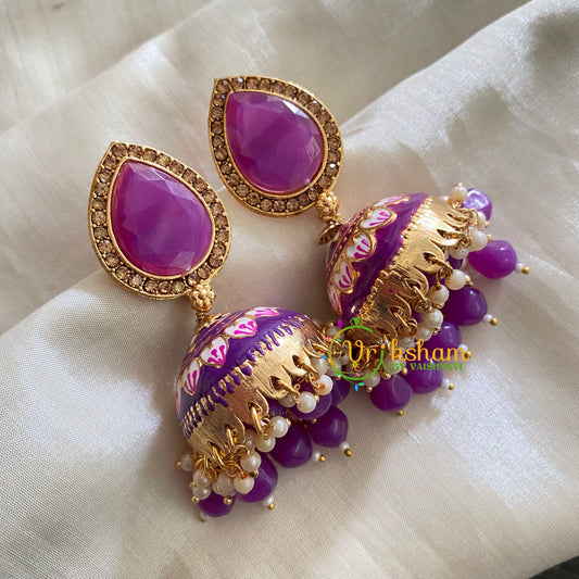 Violet Meenakari Jhumkas-Hand painted-Thilak Stud-G3746