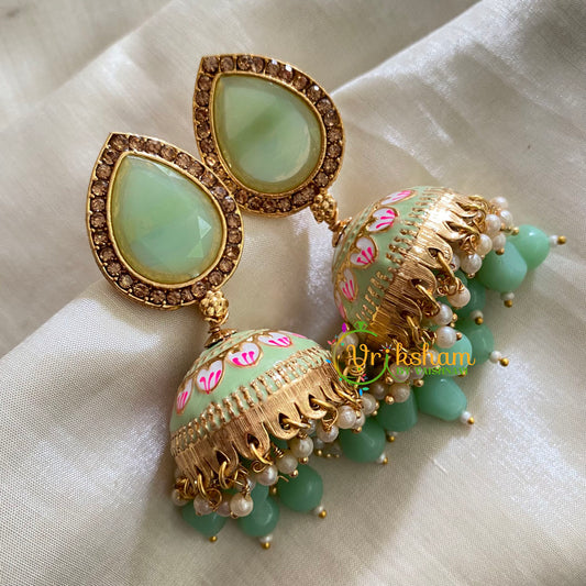 Pastel Green Meenakari Jhumkas-Hand painted-Thilak Stud-G3748