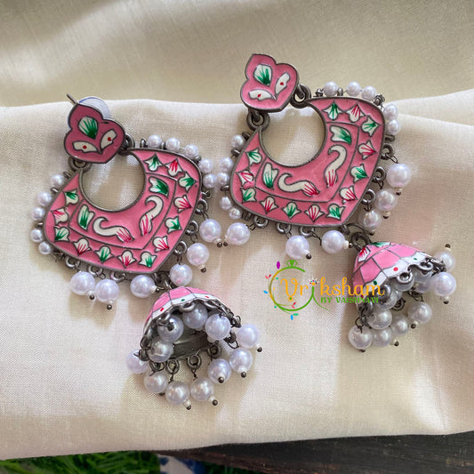 Silver Look Alike Meenakari Dangler Jhumkas-Pink-S333