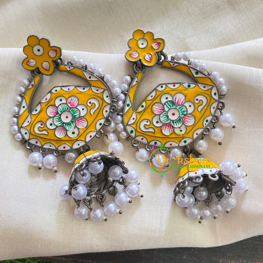 Silver Look Alike Meenakari Dangler Jhumkas-Yellow-S338