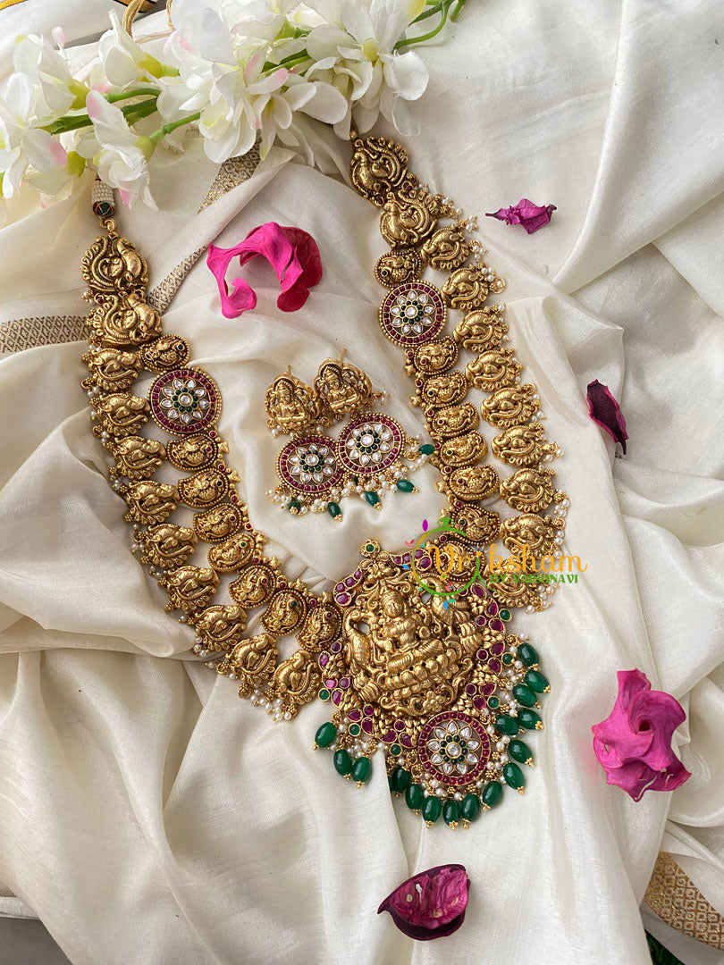 Traditional Lakshmi Pendant Maanga Peacock Neckpiece-Green Bead-G4503