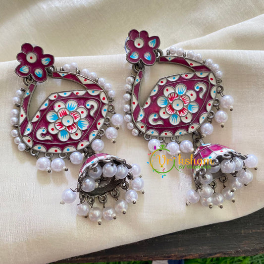 Silver Look Alike Meenakari Dangler Jhumkas-Eye-Maroon-S335