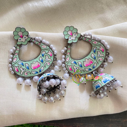 Silver Look Alike Meenakari Dangler Jhumkas-Green-S337