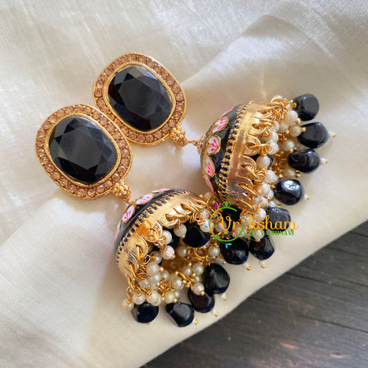 Black Meenakari Jhumkas-Hand painted-Oblong Stud-G3726