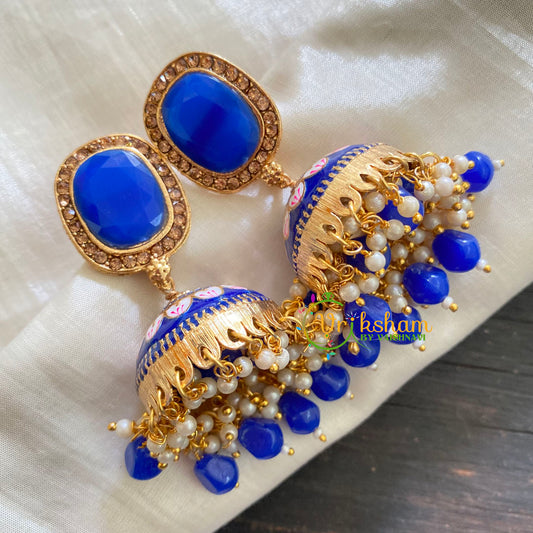 Blue Meenakari Jhumkas-Hand painted-Oblong Stud-G3715