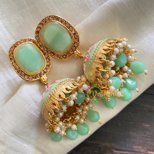 Pastel Green Meenakari Jhumkas-Hand painted-Oblong Stud-G3749