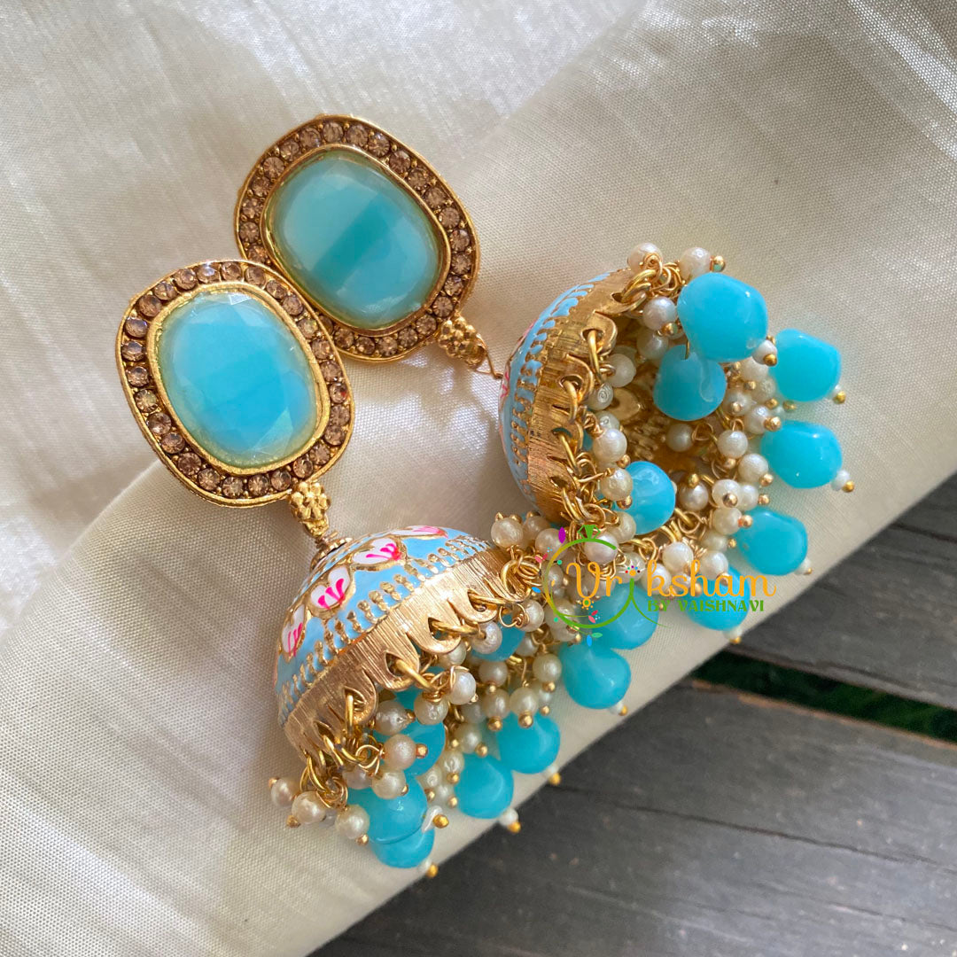 Light Blue Meenakari Jhumkas-Hand painted-Oblong Stud-G3716