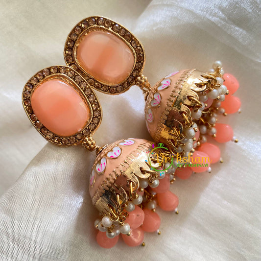 Pastel Orange Meenakari Jhumkas-Hand painted-OBLONG Stud-G3721