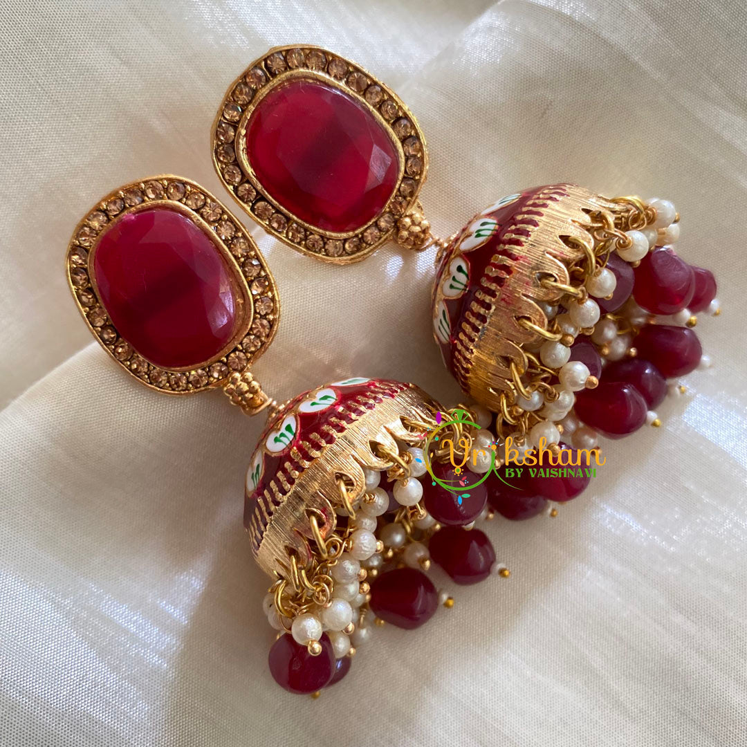 Maroon Meenakari Jhumkas-Hand painted-Oblong Stud-G3754