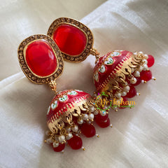 Red Meenakari Jhumkas-Hand painted-Oblong Stud-G3753