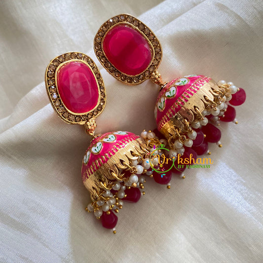 Hot Pink Meenakari Jhumkas-Hand painted-Oblong Stud-G3731