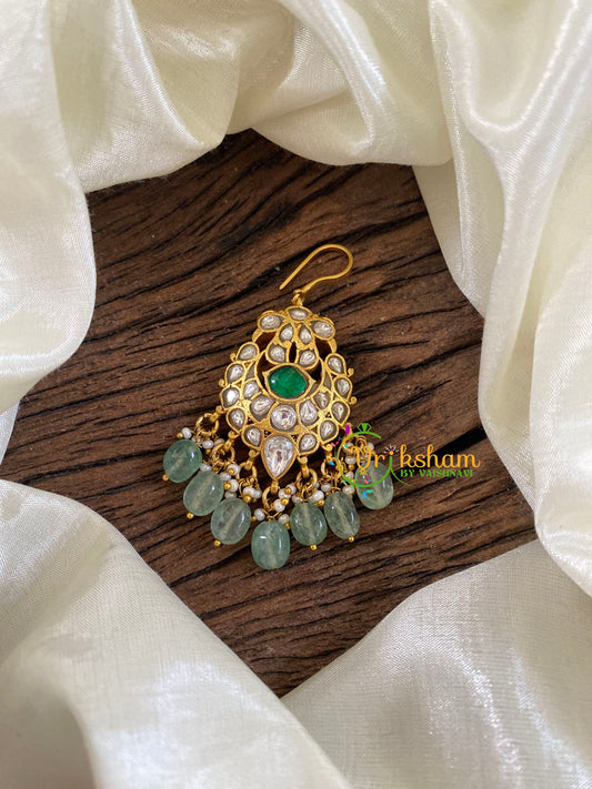 White Green Short Hook Type Jadau Kundan Maang Tikka -Pastel Green Bead-j1219