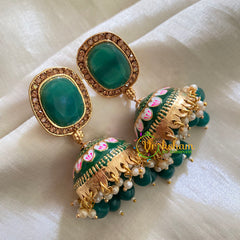 Green Meenakari Jhumkas-Hand painted-Oblong Stud-G3752