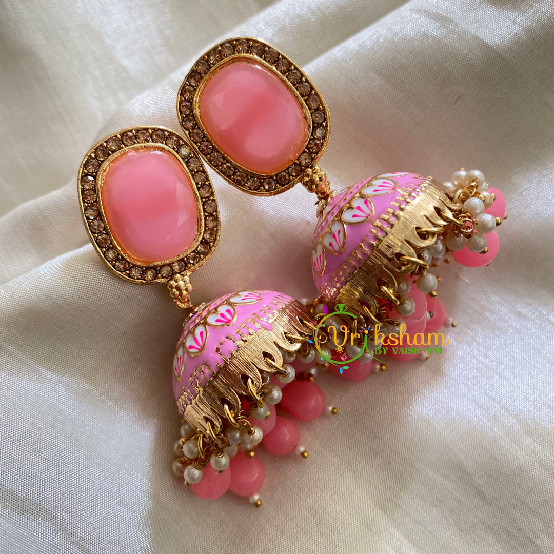 Pastel Pink Meenakari Jhumkas-Hand painted-Oblong Stud-G3751