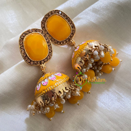 Yellow Meenakari Jhumkas-Hand painted-Oblong Stud-G3712