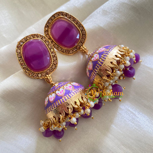 Violet Meenakari Jhumkas-Hand painted-Oblong Stud-G3747