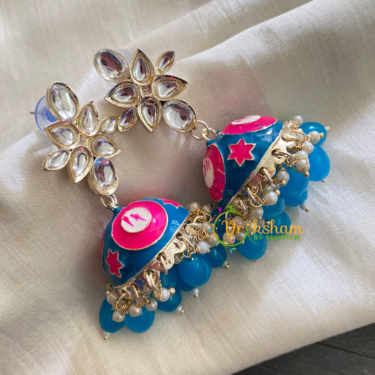 Kundan Meenakari Jhumkas-Blue -G3719