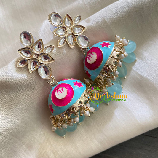 Kundan Meenakari Jhumkas-Light Blue -G3718