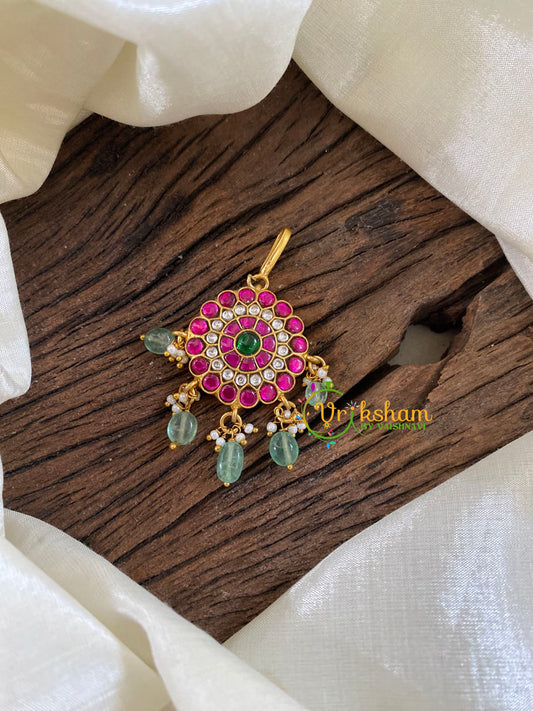 Pink White Green Short Hook Type Jadau Kundan Maang Tikka -Chakra--Pastel Green Bead-j1218