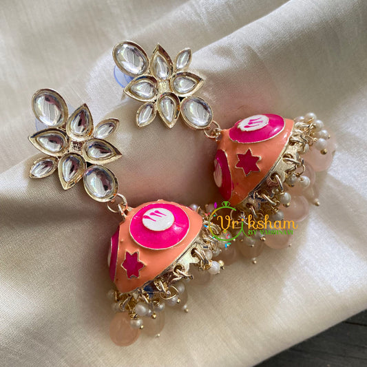 Kundan Meenakari Jhumkas-Pastel Orange-G3722