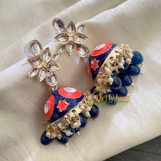 Kundan Meenakari Jhumkas-Blue with orange -G3724