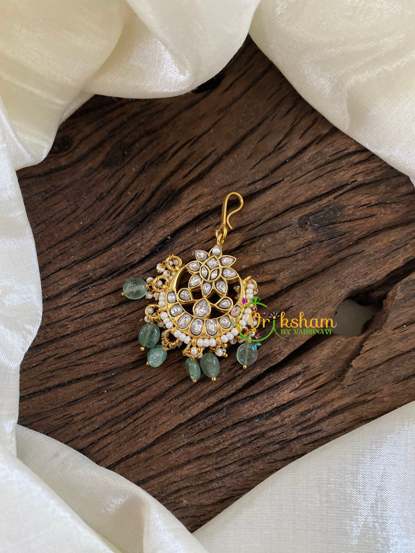 White Short Hook Type Jadau Kundan Maang Tikka -Pastel Green Bead-j1217