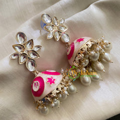 Kundan Meenakari Jhumkas-White with Pink -G3723