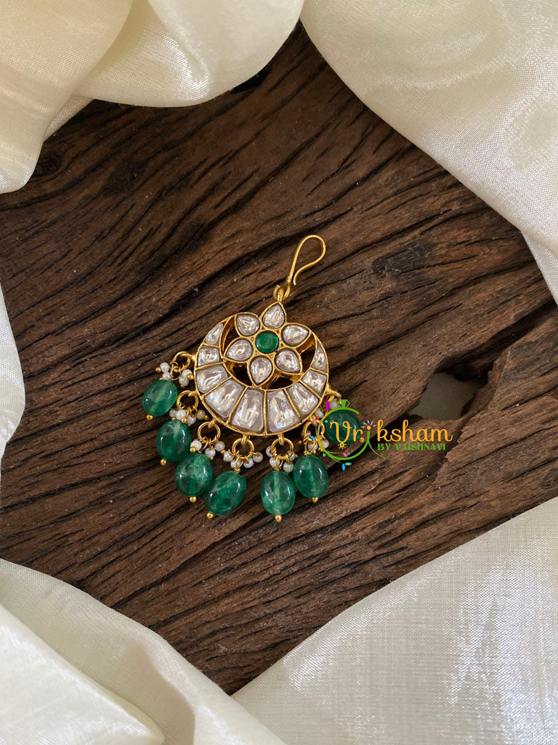 White Green Short Hook Type Jadau Kundan Maang Tikka -Green Bead -j1216