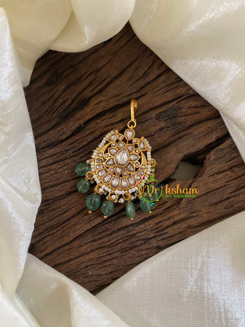 White Short Hook Type Jadau Kundan Maang Tikka -Pastel Green Bead-j1215