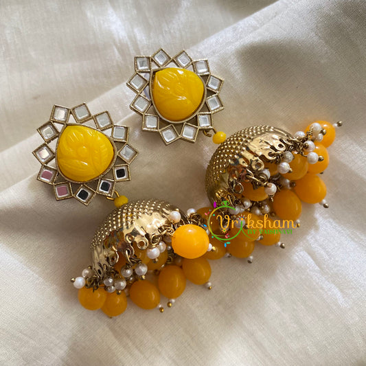 Yellow Meenakari Jhumkas-Hand painted-Fancy Stone Stud-G3713