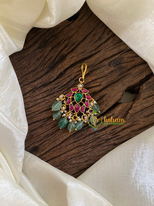 Pink Green Short Hook Type Jadau Kundan Maang Tikka -Pastel Green Bead-j1214