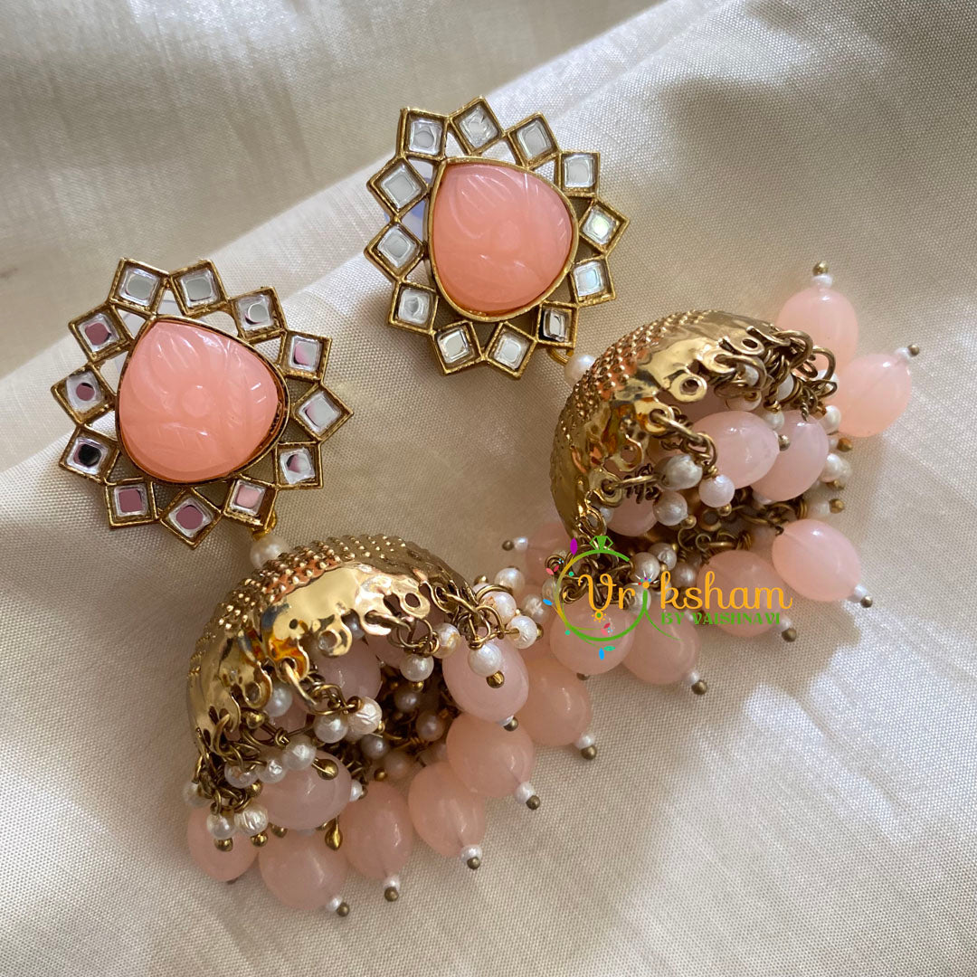 Peach Meenakari Jhumkas-Hand painted-Fancy Stone Stud-G3783