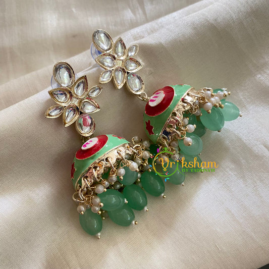 Pastel Green Kundan Meenakari Jhumkas-G3750