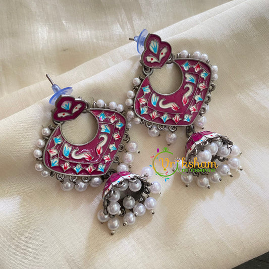 Silver Look Alike Meenakari Dangler Jhumkas-Maroon-S334