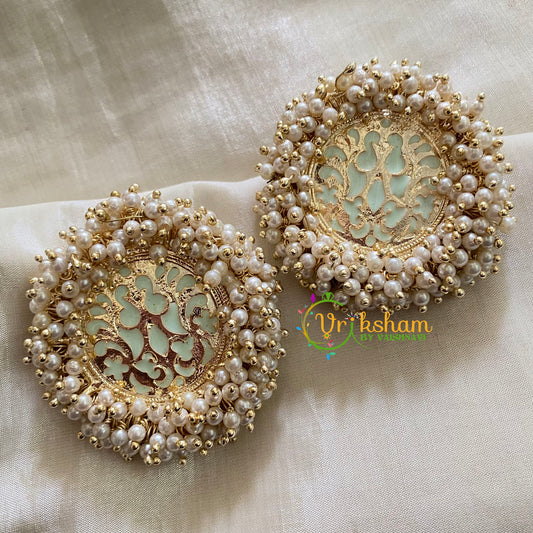 Cluster Pearl Meenakari Studs-Pastel Green-Jumbo Studs-G3745