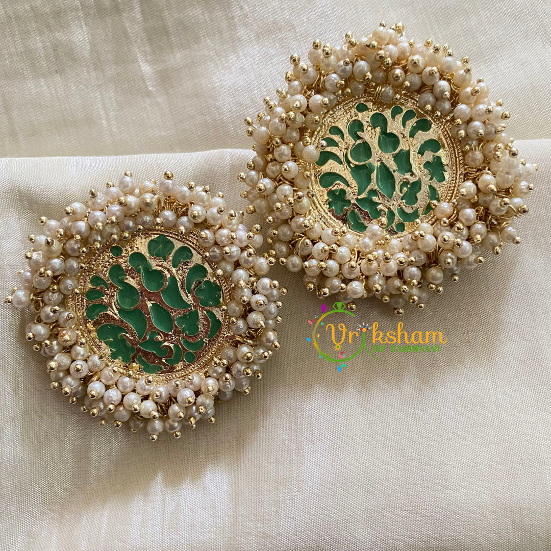 Cluster Pearl Meenakari Studs-dark Green-Jumbo Studs-G3744