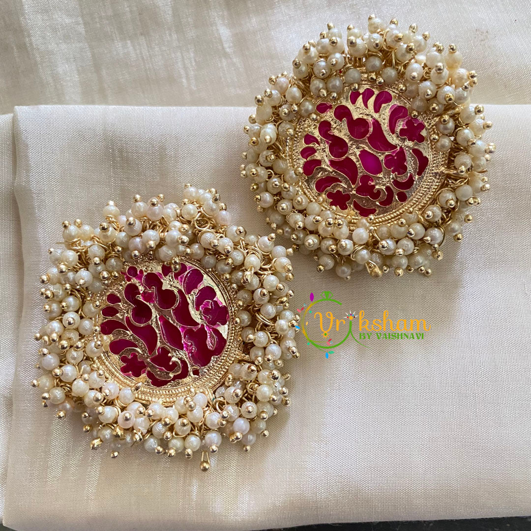 Cluster Pearl Meenakari Studs-Hot Pink-Jumbo Studs-G3729