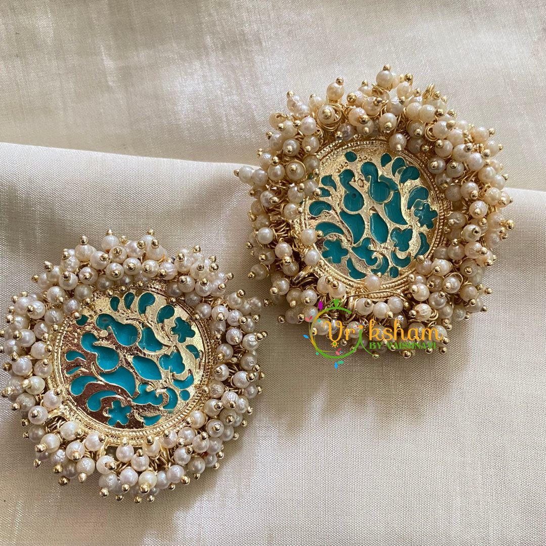 Cluster Pearl  Meenakari Studs-Teal Jumbo Studs-G3741