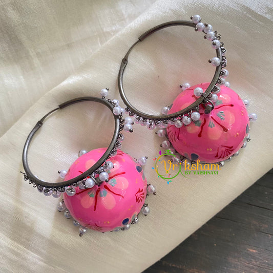 Silver Meenakari Jhumkas -Loop Ring Jhumka-Pink-S324