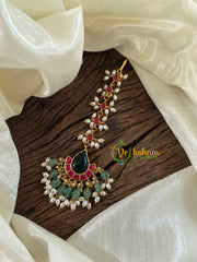 Precious Jadau Kundan Maang Tikka -Tilak-Pastel Green Bead and Pearl-J1223