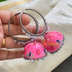 Silver Meenakari Jhumkas -Loop Ring Jhumka-Pink-S324