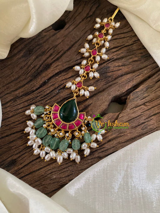 Precious Jadau Kundan Maang Tikka -Tilak-Pastel Green Bead and Pearl-J1223