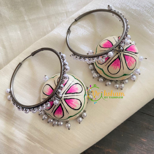 Silver Meenakari Jhumkas -Loop Ring Jhumka-White-S322