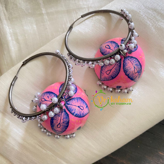 Silver Meenakari Jhumkas -Loop Ring Jhumka-Pink Blue -S321