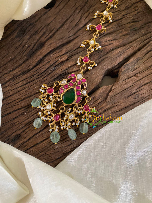 Precious Jadau Kundan Maang Tikka -Dual Peacock-Pastel Green Bead-J1221