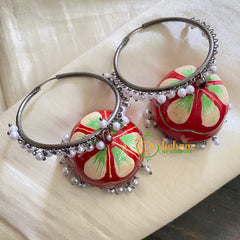 Silver Meenakari Jhumkas -Loop Ring Jhumka-Red Petals -S320