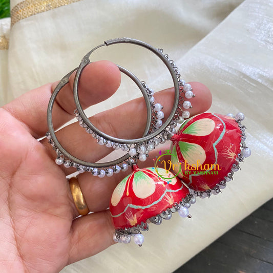 Silver Meenakari Jhumkas -Loop Ring Jhumka-Red Petals -S320